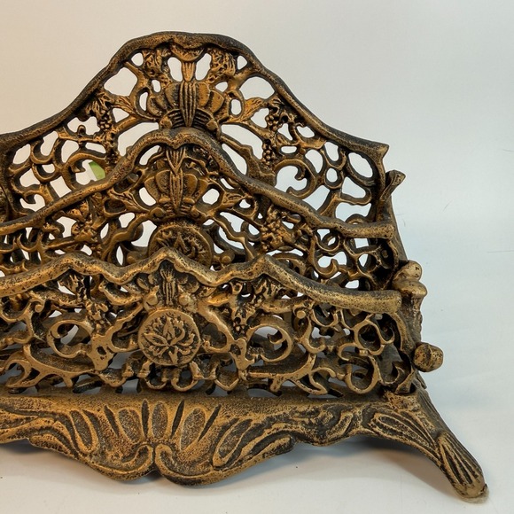 Vintage Brass Double Mail Holder Ornate Filigree Letter Desk Organizer Roccoco - Picture 4 of 16